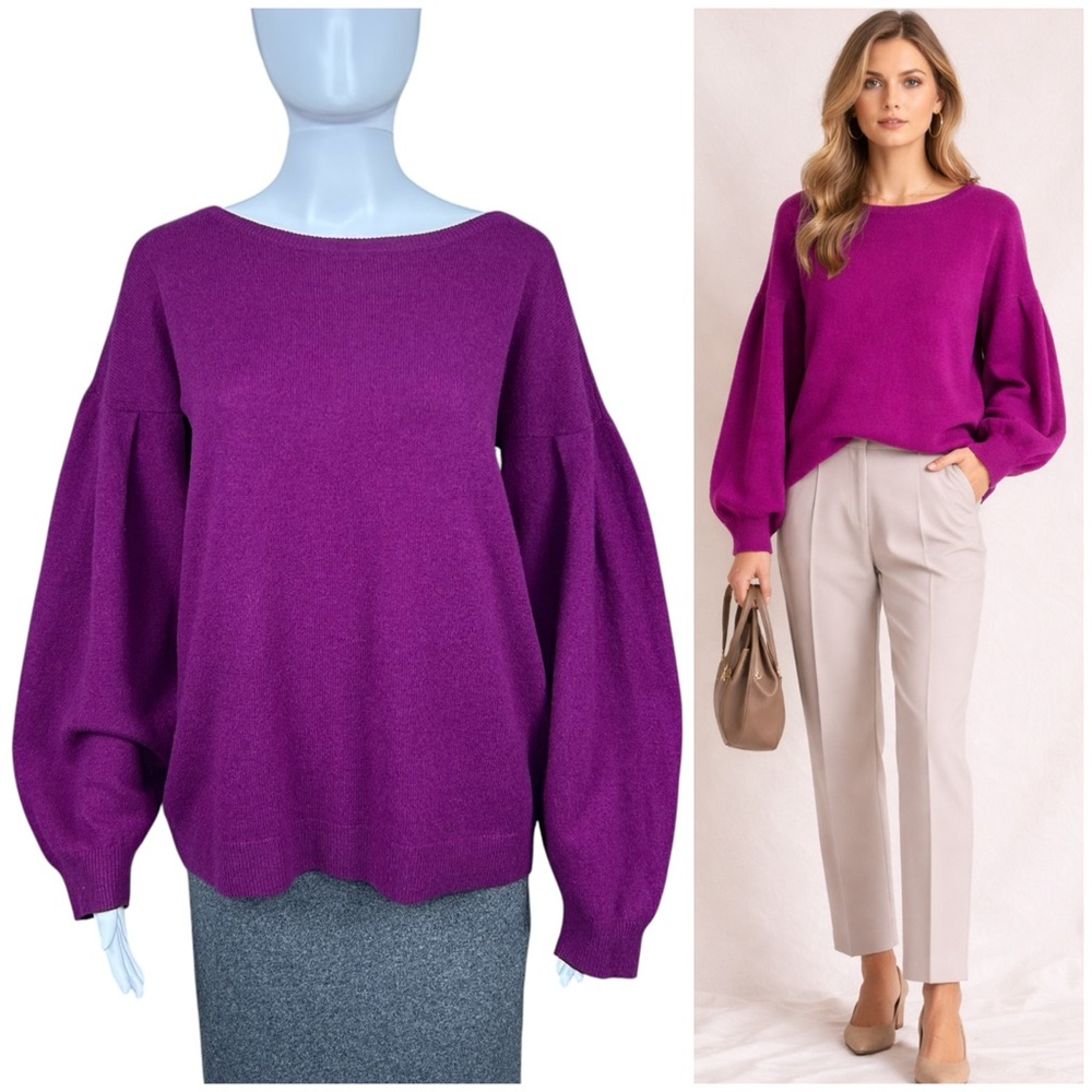 Saks Fifth Avenue 100% Cashmere Sweater Size M Balloon Sleeve Knit Top Luxury